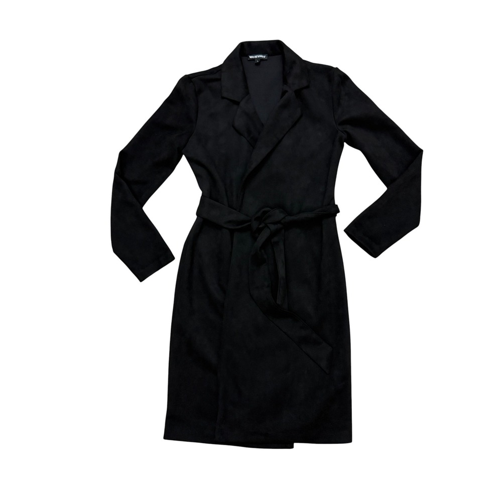 Wearever Trench Coat Womens Small Black Faux Suede Tie Belt Long Sleeve Layering